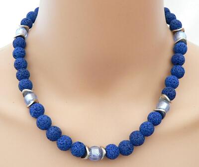 Halskette Kette Perle Lava dunkelblau Eyecatcher Lampwork hellblau silber 192.