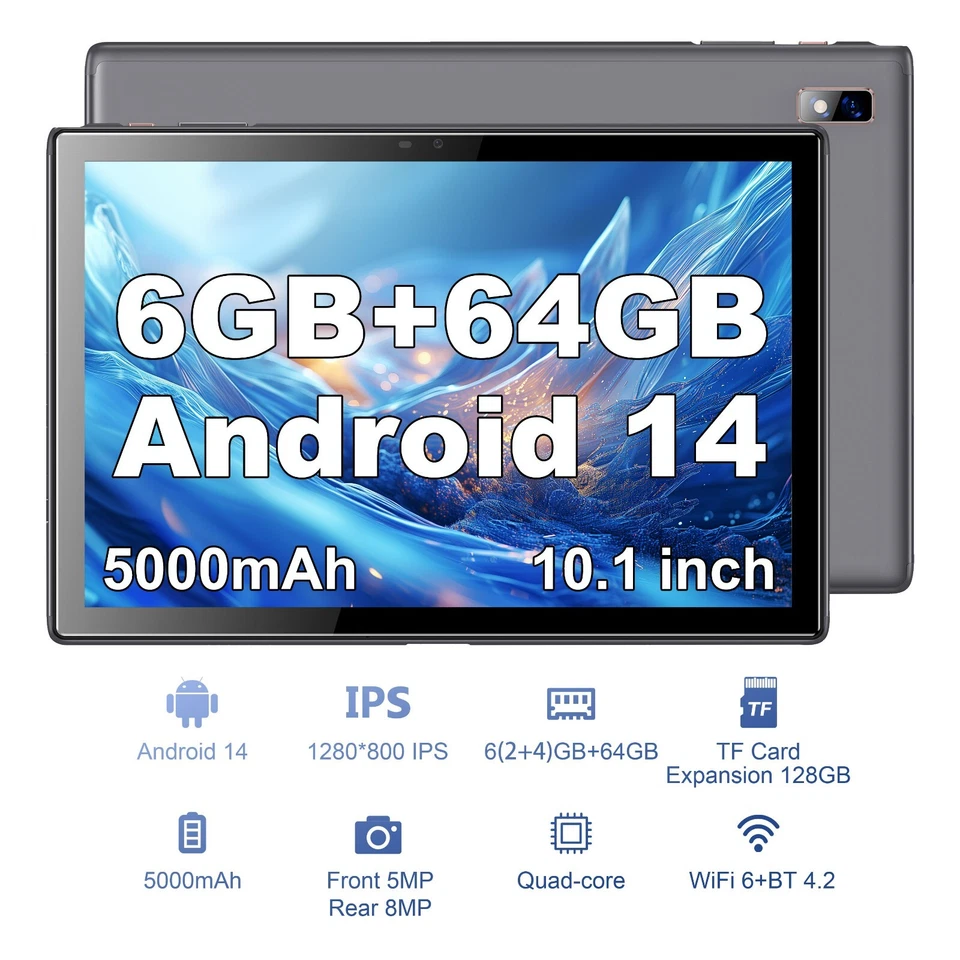 2025 10.1 inch Tablet Android 14 Tablets 6GB RAM 64GB ROM Dual Camera Bluetooth - Image 2 of 4