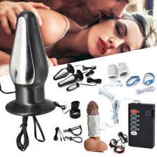 BDSM E-stim Shock Penis Cock Ring Metal Anal Butt Plug Therapy Device Sex Toys