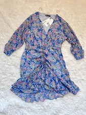Zara Blue Floral Print Dress  V neck Ruffles Blogger  Size L
