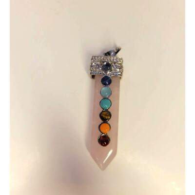 Vintage Rose Quartz Flat Pendant with 7 Chakra Gemstones 