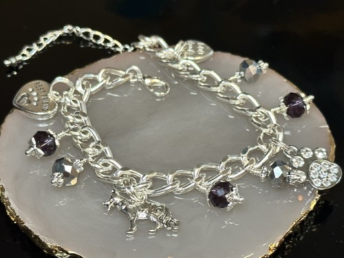 German Shepherd Dog Charm Bracelet with Purple & Silver Crystals Great Gift Idea - Picture 13 of 15