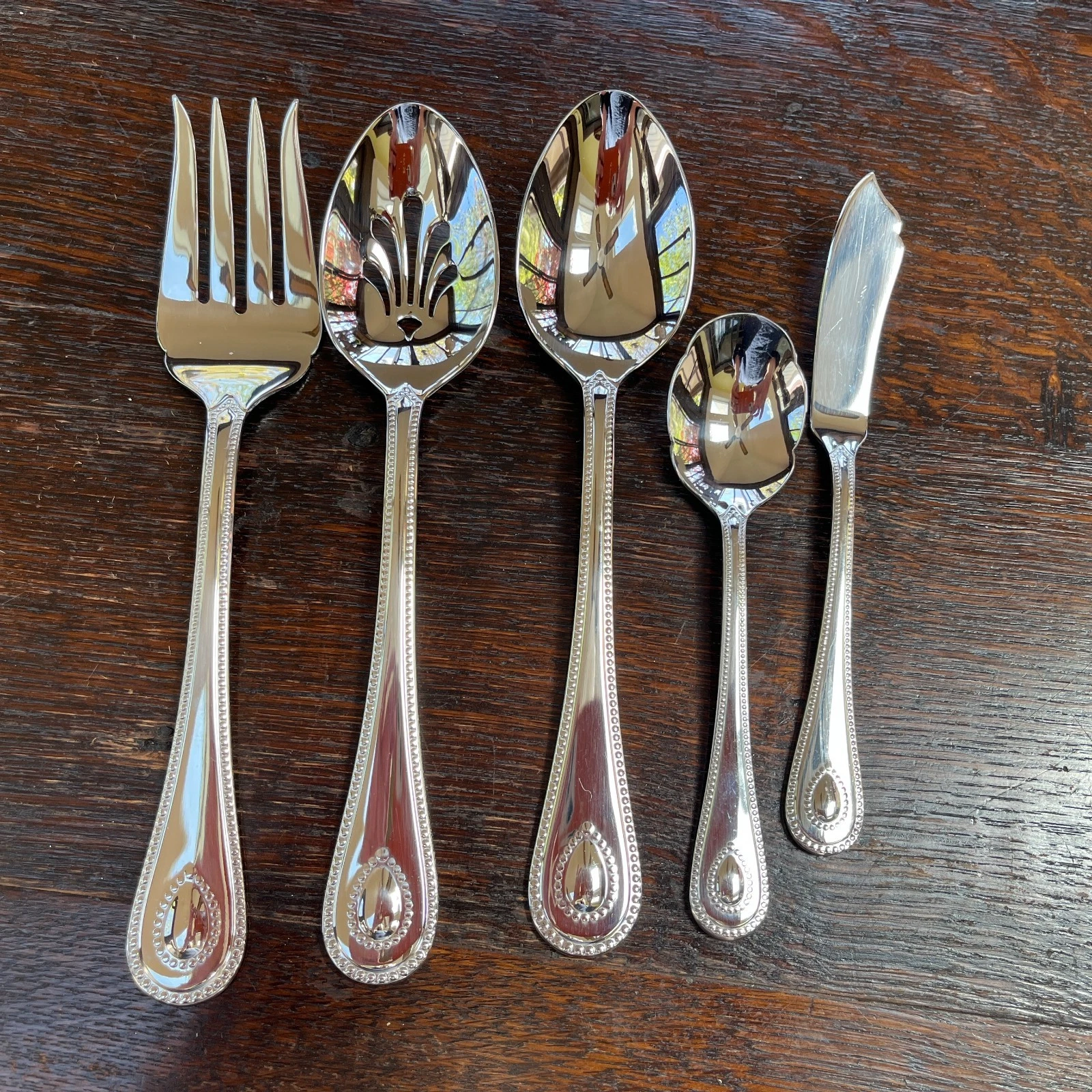 Lenox Stainless Steel Flatware Serving Pieces Beaded Pattern 5 Piece Set