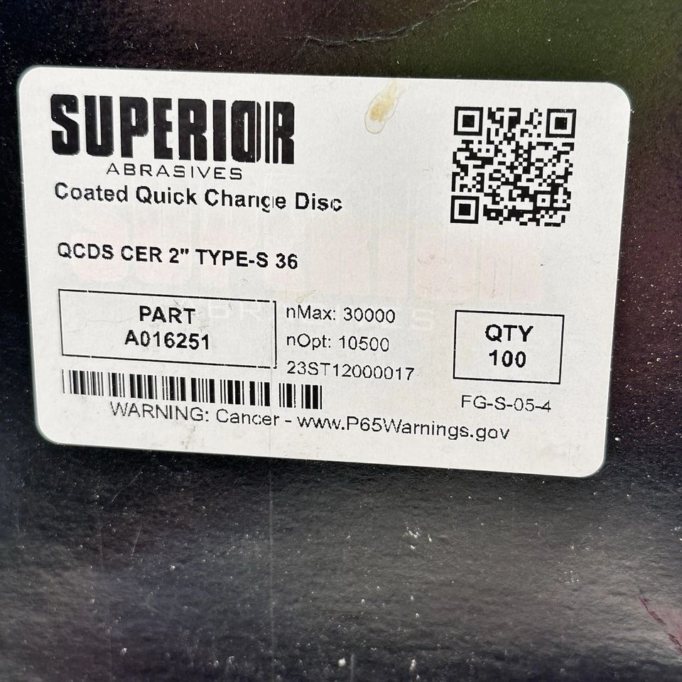 Lot Of 100 Superior Abrasives 2" Coated  Sanding Discs A016251 36 Grit Type S-36 - Image 2 of 4