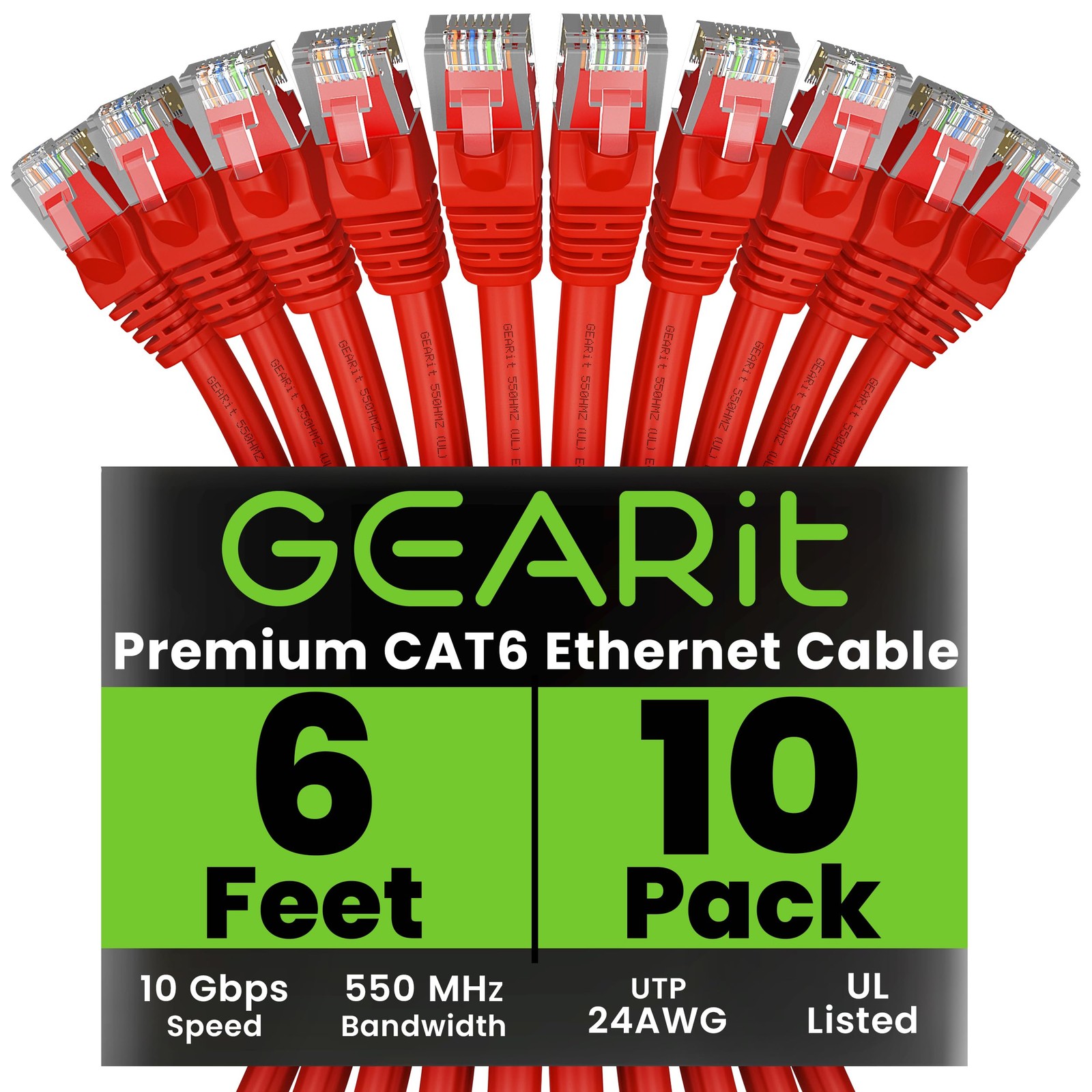 Cat 6 Ethernet Cable (10-Pack 6 Feet) Cat6 Network Patch, 10Gbps, RJ45, Snagl...