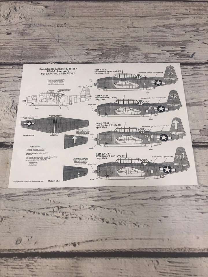 Calcomanía 1/48 SuperScale 48-567 TBM-3 Avengers VC-83, 97, VT-84, 88 Y poco común Foto 4 de 4