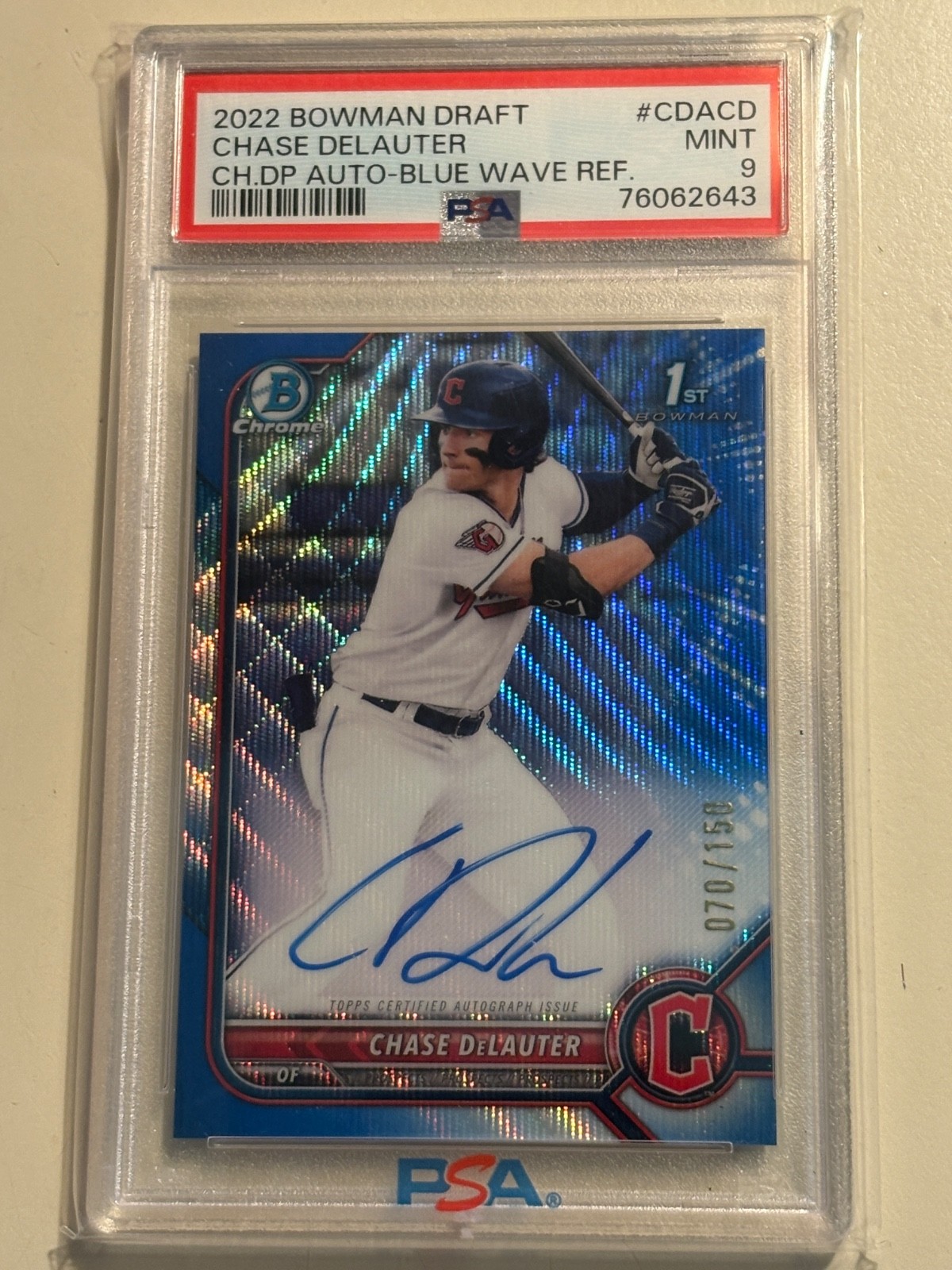 2022 Bowman Chrome CHASE DELAUTER Blue Wave Autograph #CDA-CD! #/150 PSA 9