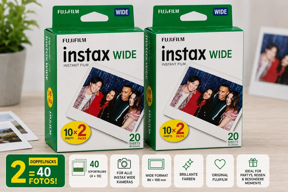 ⭐ Fujifilm Instax Wide Film 2 Doppelpack 40 Bilder Sofortbildfilm  MHD 01/2028 - Bild 1 von 1