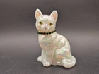 Vtg Fenton Art Glass Cat White Opalescent Green Jewel Collar May Birthday Signed