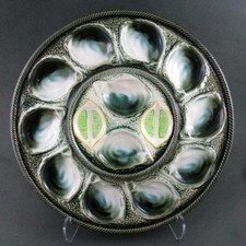 French Majolica OYSTER PLATTER plate - 12 Wells, 2 Lemons, Seaweed - St. CLEMENT