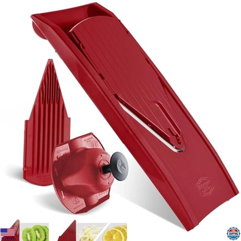 V1 Mandoline Slicer - Versatile V-Slicer Set with 2 Inserts & Fruit Holder, Red