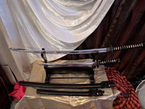 Vintage Samurai Sword Katana Set Dual Swords With Sheaths And Stand For Display