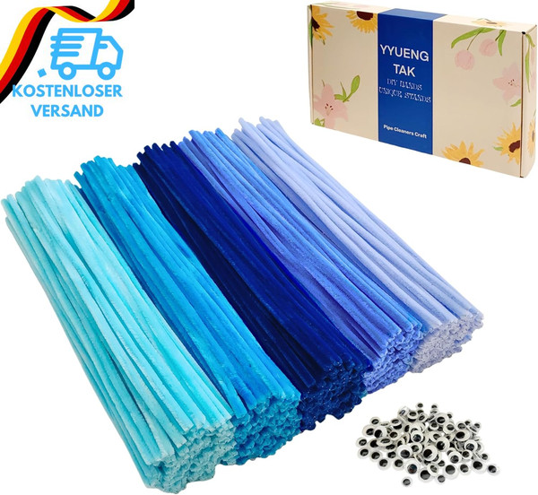 300 Stk Pfeifenreiniger Blau,Pfeifenputzer Zum Basteln Mit Wackelaugen,5 Blau-Tö-image
