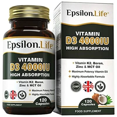 EPSILON LIFE Epsilon Vitamin D3 4000IU K2 Mk-7 Zinc Boron MCT Oil Supplement Ultra Absorption