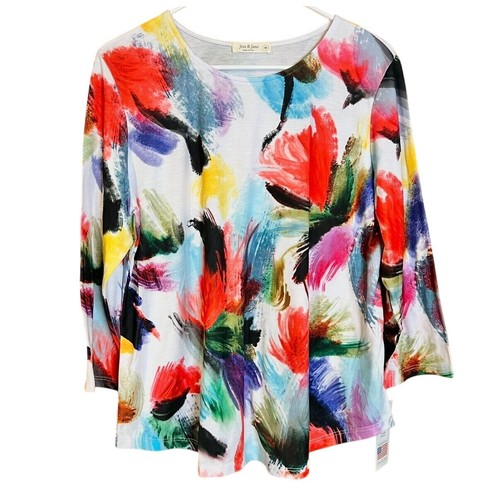 Jess & Jane "Peony" Medium Floral Print Top Colorful Brush Strokes NWT