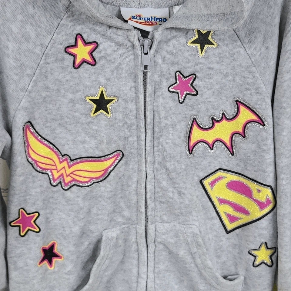 DC Super Hero Girls XS (4/5) Gris Felpa Vellón Cremallera Frontal Sudadera con Capucha Superman Batman Foto 3 de 4