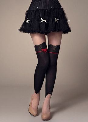 Collants Trompe-l'œil Effet Jambières - Noir Et Chair Avec Nœud Rouge - Taille Unique