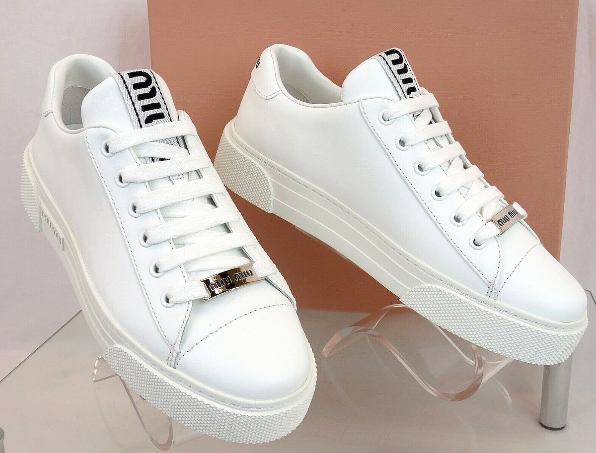 MIU MIU PRADA 5E165D WHITE LEATHER METAL LOGO LACE UP MIU MIU PRADA 5E165D WHITE LEATHER METAL LOGO LACE UP