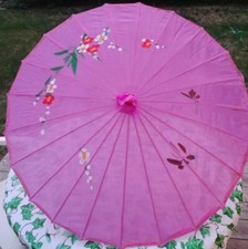 Chinese Pink Fabric Nylon Parasol Wooden Grip Renaissance 21 In