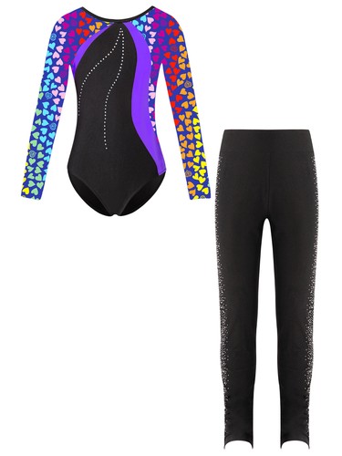 Kids Girls Leotard Figure Set Stage Outfit Mesh Pants Rhinestones Hoodie Suit - Picture 26 of 35