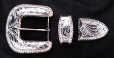 1 1/2" Hand Engraved Western Silver Belt Buckle Set with Silver Bead Edge