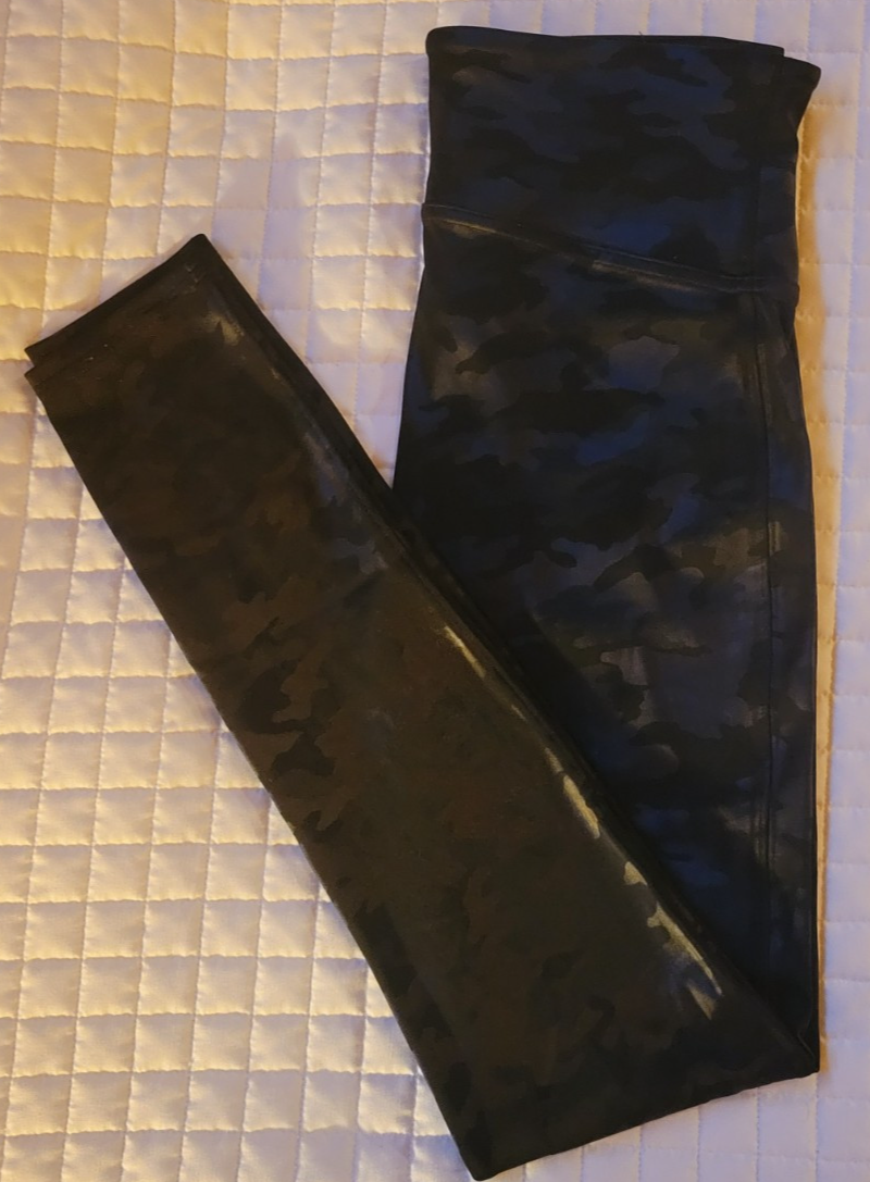 SPANX Faux Leather Matte Black Camo High-Rise Shaping Leggings Medium