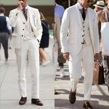 White Men Linen Suit 3 Piece Notch Lapel Groom Tuxedo Wedding Prom Party Casual