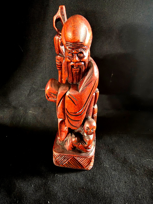 6" Chinese Wooden Estate Statue Figure Shou-Lao god of longevity with child