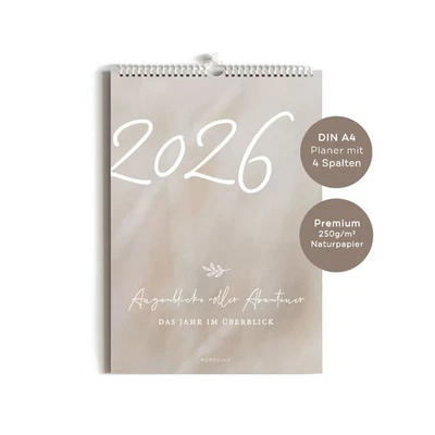 Familienkalender A4 Beige Wandkalender 2026 mit 4 Spalten DE Feiertage NORDEULE