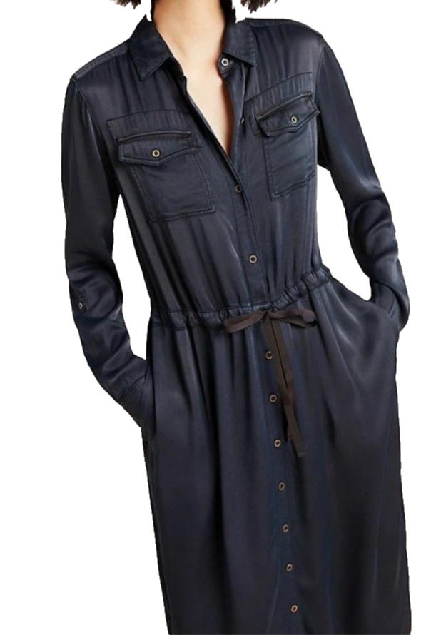 Anthropologie Faiza Utility Shirtdress Womens 4 Navy Blue Satin Midi Belted