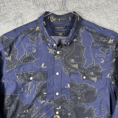 Banana Republic Shirt Mens XL Old World Map Organic Cotton Untucked Standard