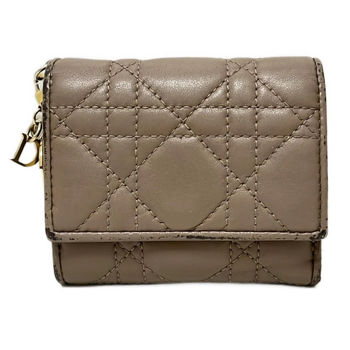 Auth DIOR/ChristianDior Lady Dior   Portefeuille triple cuir gris beige