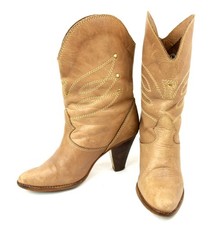 Vintage Tan Leather Studded Womens Western Cowboy Boots Booties Heels 1980s