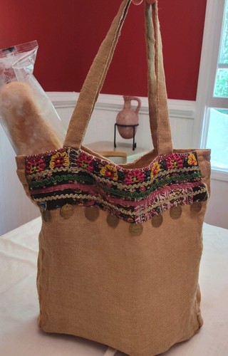World Market Boho Jute Tote Bag With Colorful Embroidery And Coin Detail