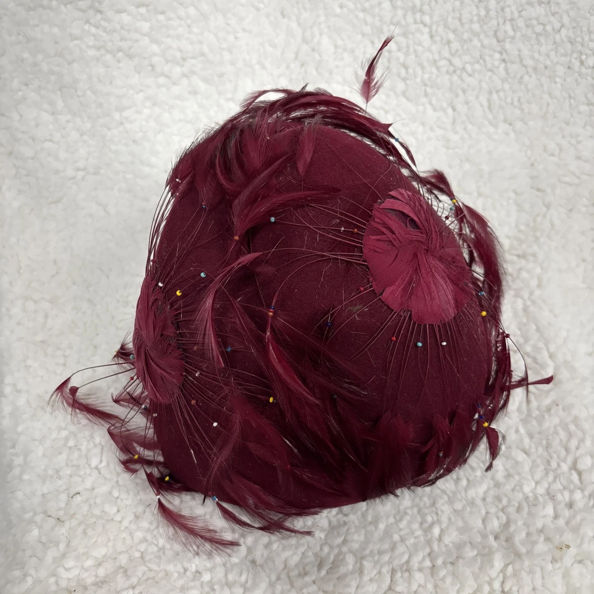 Vintage Mr Charles Red Feather Wool Hat fascinator Sunday best 1940s Quail Feather Fascinator Hat | Vintage Brown Feather  main image 4