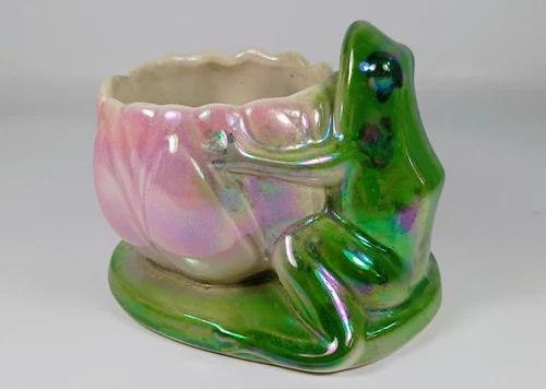 Rare Art Pottery Mother-of-Pearl Frog on Lily Pad Vase.