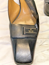 Vintage Gucci Logo Women Sling Back Black Leather Heels Size 9B square toe