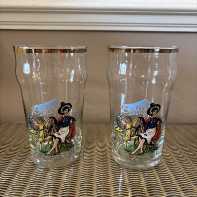 Vintage Mid Century Pint Gläser 60er Jahre Welsh Spinning Lady Glas groß 2er Set