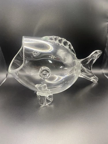 Vtg Mid Century Blenko Style Art Glass Hand Blown Clear Fish Vase Bowl Terrarium