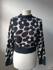 H&M Damen Pullover Langarm Bauchfrei Schwarz / Weiß BLUMEN Strick Größe XXS / 32