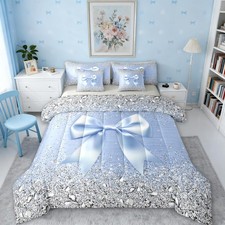 Cute Ribbon Bow Comforter Set 7 Piece Bed in a Bag Twin,Grey Glitter Diamond ...