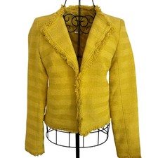Trina Turk Yellow Boucle Fringe Woven Cotton Jacket Fitted Parisian Retro Boho