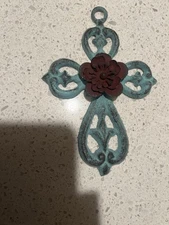 Heavy Metal Wall Cross Turquoise Patina Rustic Floral Farmhouse Decor