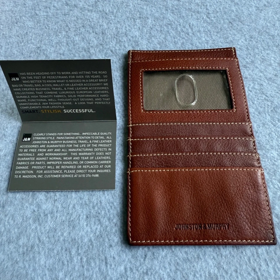 Johnston & Murphy Cuero Marrón Estuche de Identificación para Tarjetas Billetera Accesorios de Viaje de Negocios Foto 4 de 4