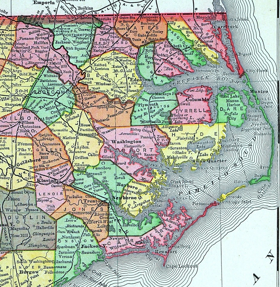 Mapa Rand McNally 1895 Carolina del Norte Raleigh Durham Ashville NC Cabo Hatteras Foto 2 de 4