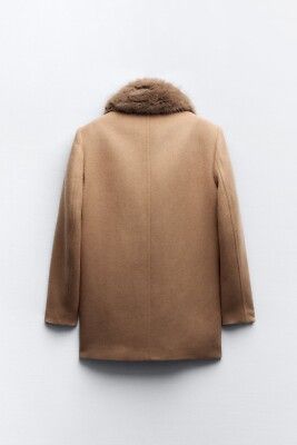 ZARA WOMEN WOOL BLEND COAT WITH FAUX FUR COLLAR BROWN SZ L 2117