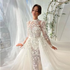 Flowers Lace A Line Wedding Dresses With Detachable Train O-Neck Bridal Gowns