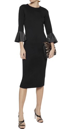 NEW Alice & Olivia Women’s Black Dress Lamb Leather Raffles Trim Sleeves L $368 - Picture 3 of 18