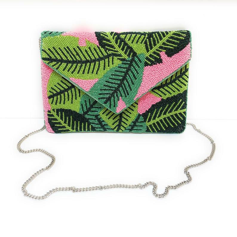 NWT Beaded Clutch Crossbody Purse Bag with Seed Beaded Palm