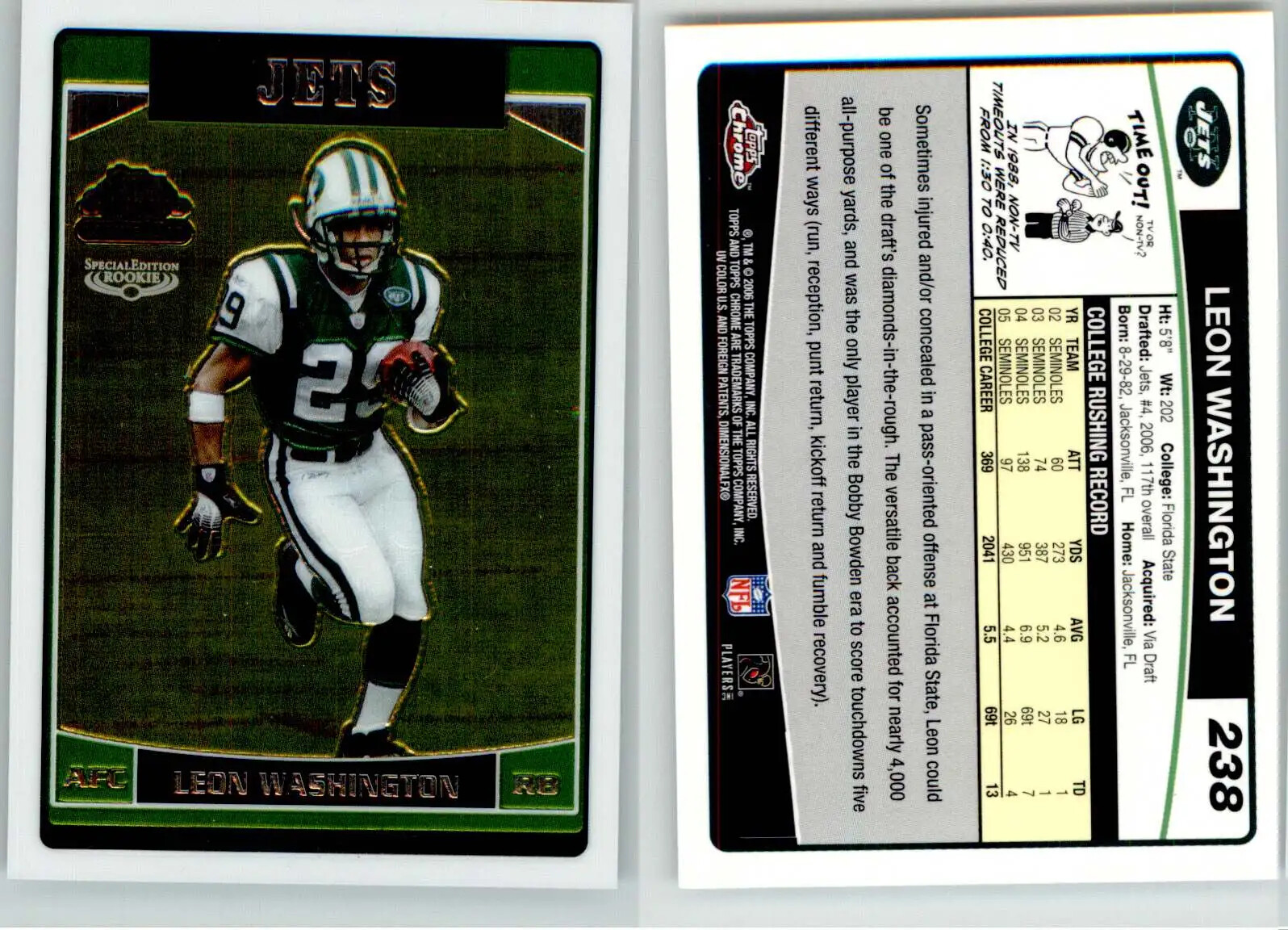 Leon Washington 2006 Topps Chrome Special Edition Rookie #238 Jets RC